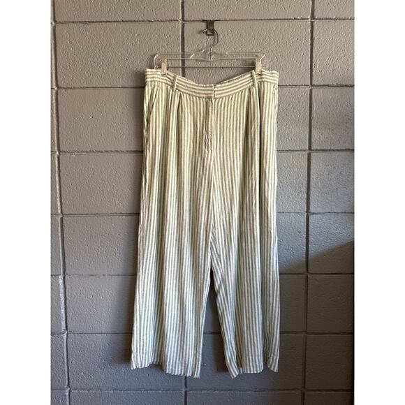 Women's Abercrombie & Fitch Sloane Linen Blend Wide Leg Trouser in Green Stripe - Picture 3 of 6